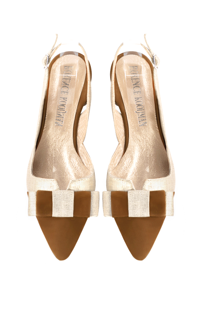 Women's caramel brown and gold elegant slingback heels, with a bow on the front. Tapered toe. Low flare heels - Top view